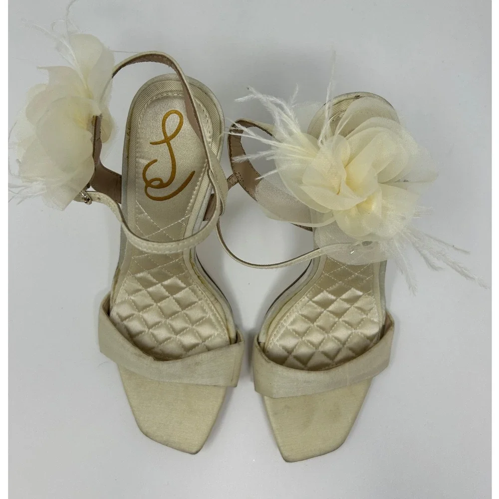 Sam Edelman Womens Ivory Satin Floral Feather Ankle Strap Heel Sandals Square 6